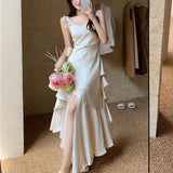 2022 Summer Women Long Satin Dress Sleeveless Sexy Backless Green Silk Slit Ruffle Maxi Beach