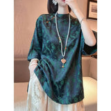 Chinese Style Buckle Imitation Silk Blouse Women's Loose Bat Sleeves Dark Green National Style Shirt-Outfit