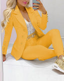 Femme Formal Jacket & Trousers Office Lady Outfits Autumn Women two Pieces set Chain Print Blazer Coat & Pants Suit