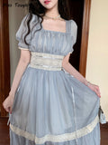 Blue Elegant Dress Women Vintage Evening Party Midi Dresses Female Korean Fashion Holiday Short Sleeve Chiffon Dress