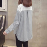 Striped Patchwork Split Shirt Korean Loose Spring Autumn Long Sleeve Female Clothing Casual Printed Round Neck
