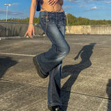 Punk Vintage Low Rise Flared Jeans with Pockets Goth Streetwear Full Length Blue woman jeans Y2K Retro Chic Pants Fall-Outfit