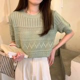 Version Of Chic Summer Sweet Round Collar Hooded T-Shirt Design Hollow Flowers Thin Knitted Shirt