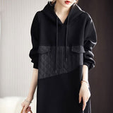 Solid Color Straight Dresses Female Clothing Casual Hooded Spring Autumn Basic Stylish Patchwork Drawstring Midi Dress-Outfit