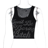 One-Shoulder Sequined Letters Print Sleeveless Sexy Crop Top Summer Women Fashion Streetwear Outfits