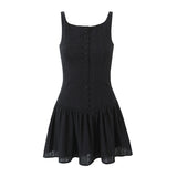 Sexy White Embroidery Lace Low Waist Mini Tank Dress Women Open Buttons Neck Bodycon Sleeveless Ruched Hem Swing Party Robe-Outfit