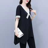 Solid Color Elegant V-Neck T-shirt Female Clothing Fashion Lace Spliced Summer Irregular All-match Short Sleeve Pullovers-Outfit