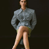 Women's Y2K Vintage Plaid Belted Elegant Long Sleeve Shirt Turn-down Collar Button-down with 3D Flower Fall Slim Tops-Outfit