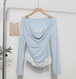 Autumn Fake Two Lace Lace Collar Folding Long Sleeves Slimming Bottom T-Shirt Top Woman