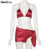 Puss 3 Piece Sets Women Vacation Outfits Summer Sexy v-Neck Midnight Clubwear Top+Thong+Skirt 2021 Lace Up Matching