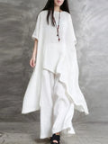 Women Two Piece Sets Pant Set Irregularity Round Neck Short Sleeve Tops Solid Splice Wide Leg Long Pants Casual Loose 2024-Outfit
