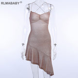 Women Party Bright Silk Backless Asymmtrical Dress Sexy Low Neck Spaghetti Strap Lace Up Ruffles Hem Sexy Bodycon