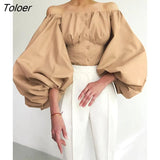 Sexy Slim Off Shoulder Women Shirt Blouses Lantern Sleeve Tunic Female Top Laides Shirt Pleated Elegant White Blouse