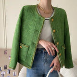Women's Green Dual Pocket O Neck Relax Fit Tweed Jacket Long Sleeve Casual