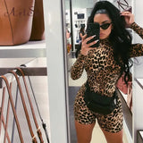 Tiger Print Sexy Romper Shorts Long Sleeve Lace Up Fitness Activewear Summer Women Elastic Playsuits New