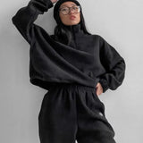 Winter Zipper Splice Stand Collar Women Two Piece Sets Short Tops Full Sleeve Solid Straight Long Pants Set Casual Loose-Outfit