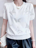 Summer Luxury Design Butterfly Nail Bead Short Sleeve Knit Sweater Korean Fashion Thin Casual Jumper Women Knitwear 2023 618-1-Outfit