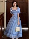 Elegant Sweet Dress Women Autumn Winter Vintage Eveving Party Midi Dresses Chic Korean Retro Blue Fairy Dress 2022