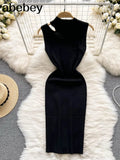 Women Knitted Strap Dress Sexy Sleeveless Slim Elastic Pencil Dress Summer Tank Bodycon Streetwear Midi