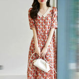 Peter Pan Collar Patchwork Floral Dress Women's Clothing Printed Summer A-Line Short Sleeve Korean Casual Midi