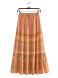 BOHO Orange Flower Print Long Skirt Spliced Ruched Ruffle Hem Hippie Women Ball Tassel Bow Waist Swing Skirts Holiday-Outfit