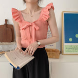 Care Machine Sling Women's Summer New Vest Solid Color Bow Tie With Short Lotus Leaf Tops