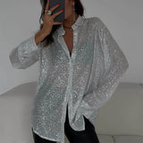 2025 New Pearl Blouse Collared Long-Sleeved Sleeve-Jersey Basic Women's Shirt