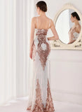 White Formal Sequin Sleeveless V-Neck Mermaid Evening