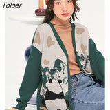 Women Knit Cardigan 2022 Autumn Long Sleeves V Neck Loose Sweaters Panda Jacquard Green Casual Chic