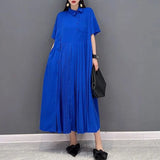 Women's Clothing Korean Pleated Patchwork Long Dress Casual Loose Summer All-match Solid Color Commute Polo-Neck Button Dresses-Outfit