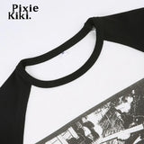 Vintage Y2k Abstract Print Raglan Long Sleeve Crop Top Streetwear Women 2000s Grunge Baby Tee Graphic T Shirts