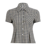 Cloth Forget British Wind Wood Ear V-Neck Check Shirt Temperament Waist Button Bubble Sleeve