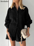 Summer White Elegant Jacquard Fabric Soft Vacation Suits Women Long Sleeves Shirts And Hot Pants Two Pieces