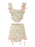 Floral Print Bow Cross Lacing up Back Corset Wood ears Crop Top + High Waist Ribbon Asymmetric Mini Skirt 2 pieces 1 set-Outfit