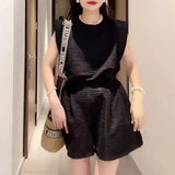 Green Loose Two Piece Set Womens Round Neck Sleeveless Tops High Waist Shorts Solid Minimalist Sets Female