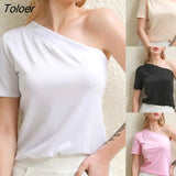 Women Summer T-Shirts One Shoulder Design Clothes Ladies Solid Color Trendy Short Sleeve Slim Pullovers Top For