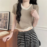 Clamming Color Splicing T-Shirts For Women's New Summer Fashion Slimming Thin-Sleeved Ice Silk Short-Sleeved Top
