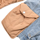 Casual Denim Patch Ruched Long Sleeve Padded