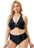 Halter Plunge Neck Solid Lace Up Plus Size Two Piece