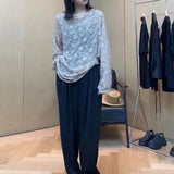 Flowers Three-dimensional Decoration Blouse Casual Loose Spring Summer Thin Long Sleeve Female Korean Fashion Folds Shirt-Outfit