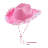Feather Trim Cowboy Hats with Colorful LED Light Fun Club Party Disco Pink Cowgirl Hat for Women Men-Outfit