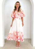 New Spring And Summer Bubble Sleeve V-Neck Women's Slings Print Fairy Gas In The Long Temperament Swing Dress Dress