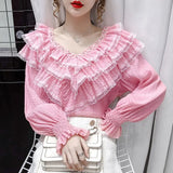 Stylish Lace Ruffle Stitching Blouse Women V Neck Ladies Shirt 2021 Fall Lantern Long Sleeve Korean Vintage Solid Top