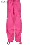 Pink Ribbons Tassel Cargo Pants Women High Waist Casual Oversize Trousers Harajuku Aesthetic Wide Leg Sweatpants
