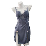 Lace Open-Forked Bow Pajamas 2025 New Sexy Thin Sling Ice Ribbon Women's Sleeping Skirt With Chest
