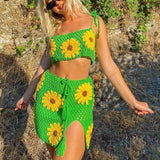 Floral Crochet Crop Cami Top and High Waist Split Skirt Summer Knitted Suit Beach Vacation Two Piece Set Women