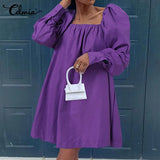 Dress Sexy Celmia Elegant Puff Sleeve Square Collar Mini Dresses Casual Solid Sundress 2021 Autumn Ladies Party