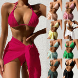 Toloer New Swimsuit Show Back Sexy Solid Color Bikini Gauze Skirt Bikini Three-Piece