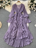 Purple/Brown/Red Chiffon Pleated Long Dress Women Vintage V-Neck Flare Sleeve Draped Ruffle Vestido Female Maxi Robe Spring