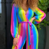 Women Elegant Rainbow Pattern with Belt Straight Deep V Neck Jumpsuit Sexy Jumpsuit-Outfit